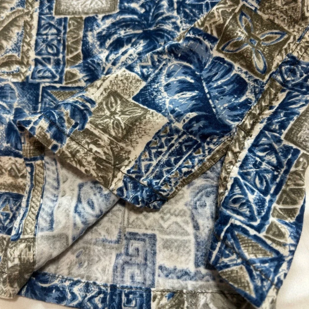 Batik Bay Mens XXL Blue Grey Tropical Palm Print Rayon Short Sleeve Button Shirt